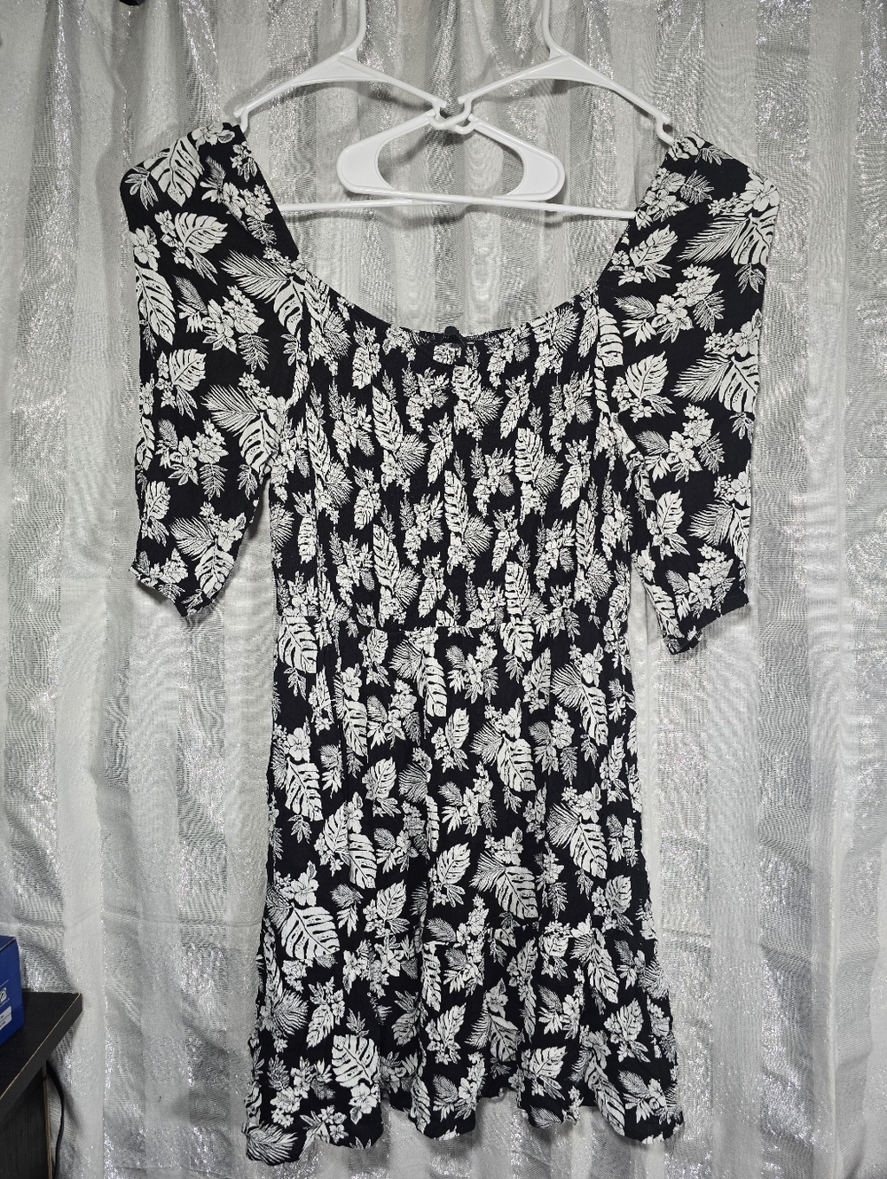 Zara Black and White Floral Off-Shoulder Mini Dress